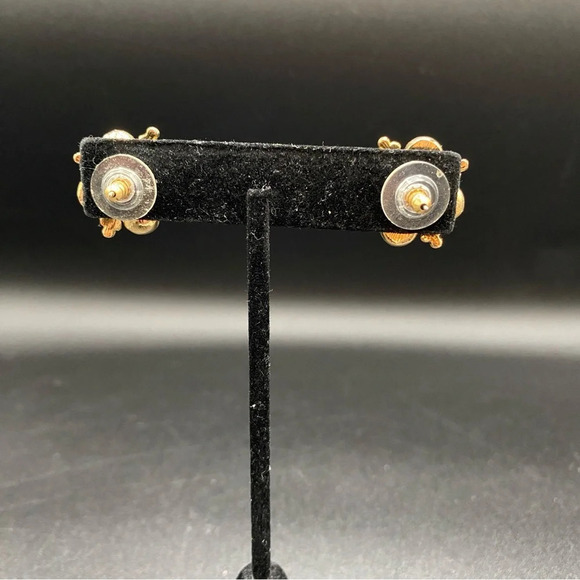 Dainty Faux Pearl and Gold Tone Stud Earrings pierced - Picture 3 of 11